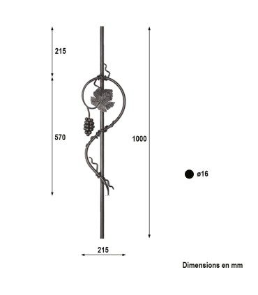 Balustre décoratif vigne et raisin 1000x215mm rond ø16mm