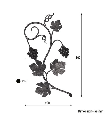 Panneau décoratif vigne et raisin 600x290mm rond ø12mm version gauche