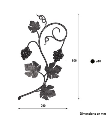 Panneau décoratif vigne et raisin 600x290mm rond ø12mm version droite
