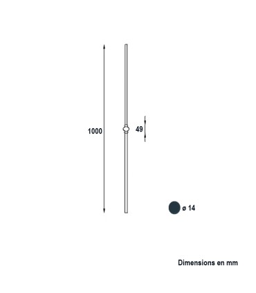 Balustre à motif central hauteur 1000mm  rond ø14mm forgé grenaille droit