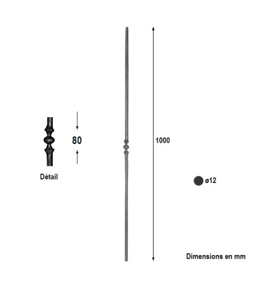 Balustre droit forgé grenaillé à motif central hauteur 1000mm  rond ø12mm