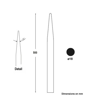 Barreau acier appointé 500mm rond de ø18mm angle de la pointe 15°