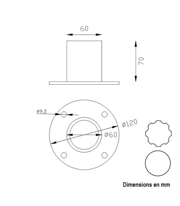 Fixation basse 70mm pour tube ø80mm aluminium  de poteau modulaire