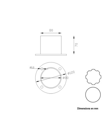 Fixation basse 70mm pour tube ø100mm aluminium  de poteau modulaire