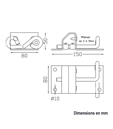 Sabot de portail avec arrêtoir réglable de 0 à 50mm à fixer au sol