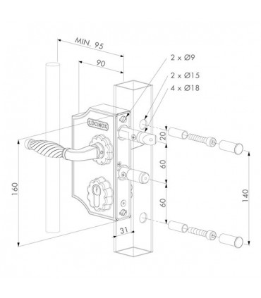 Serrure à pène INOX LAKQ pour portails ouvrants mécanisme inox