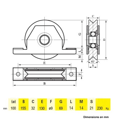 Roulette à encastrer ø100mm gorge en V en acier pour tube 80x40mm