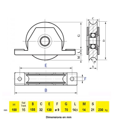 Roulette à encastrer Ø100mm gorge en U bandage polyamide pour portails coulissants