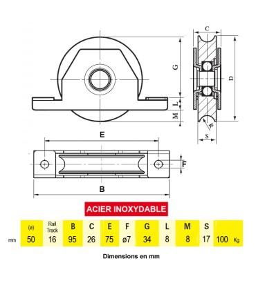 Roulette INOX à encastrer Ø50mm gorge en U pour portails coulissants