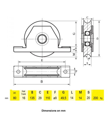 Roulette à encastrer Ø80mm avec gorge en U acier pour tube 60x40x2mm
