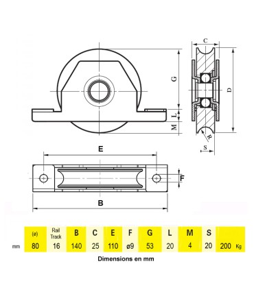 Roulette à encastrer Ø80mm gorge en U anti-pincement pour coulissants
