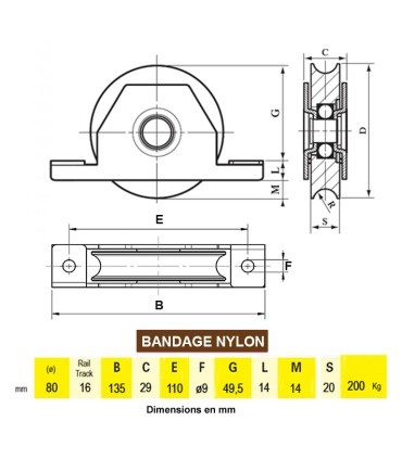 Roulette à encastrer Ø80mm gorge en U bandage polyamide pour coulissants