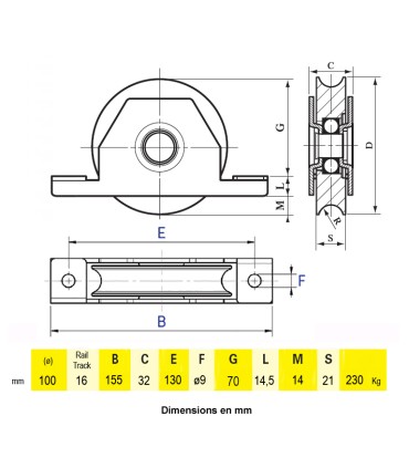 Roulette à encastrer Ø100mm avec gorge en U acier pour tube 80x40mm