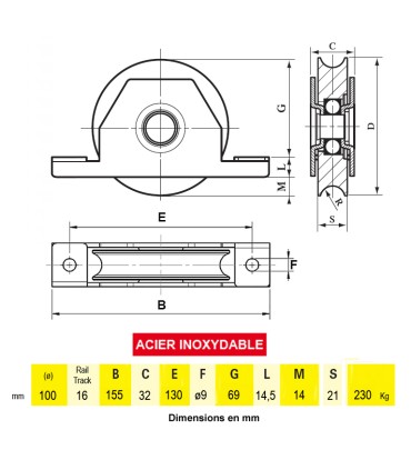 Roulette INOX à encastrer Ø100mm gorge en U pour portails coulissants
