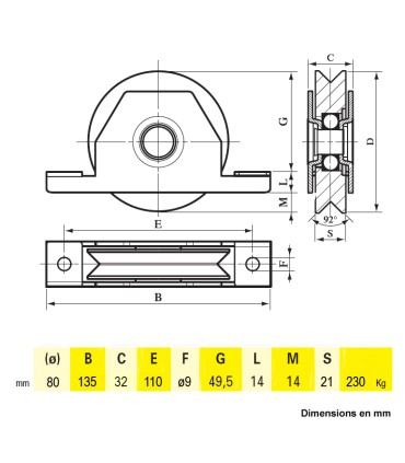 Roulette à encastrer ø80mm avec gorge en V en acier anti pincement