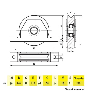 Roulette à encastrer ø90mm avec gorge en V en acier zingué