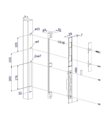 Gache SFKU Locinox à encastrer réglable pour serrures à encastrer à codes