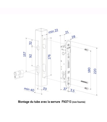 Tube pré-usiné 3 faces 40x40mm longueur 2m pour serrure Locinox FN3713