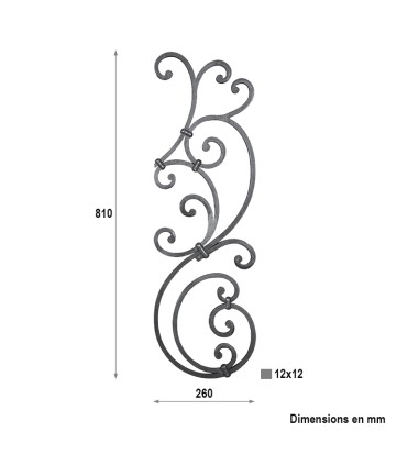Panneau décoratif H810x260mm droite carré 12x12mm pour garde-corps