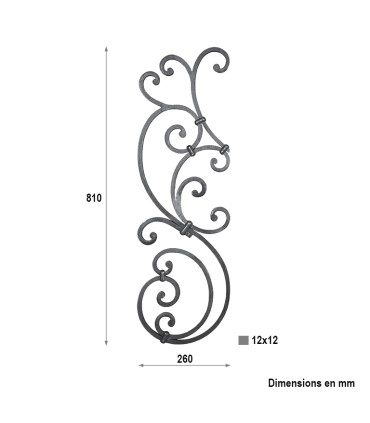 Panneau décoratif H810x260mm gauche carré 12x12mm pour garde-corps