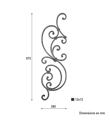 Panneau décoratif H875x260mm carré 12x12mm pour garde-corps