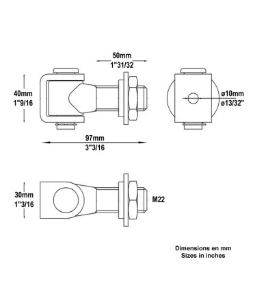 Gond charnière M24 réglable horizontal avec écrou rondelle à souder