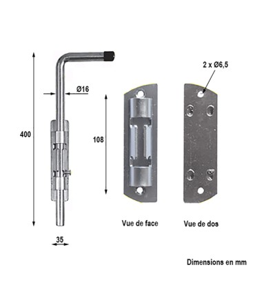 Verrou pistolet 400mm rond de ø16mm acier forgé à souder ou visser