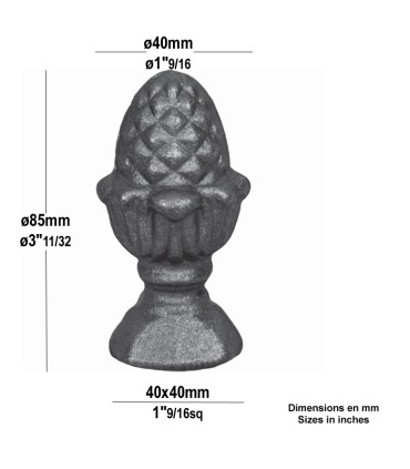 Pommeau en acier forgé 85mm embase 40x40mm pour cloture ou escalier en acier forgé