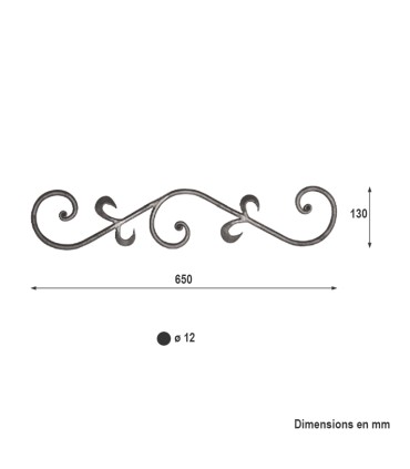 Panneau balustre 650x130mm rond de 12mm volute à enroulement en acier grenaillé