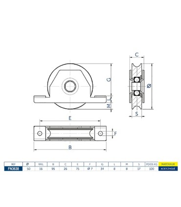 Roulette à encastrer Ø50mm avec gorge en U acier pour tube 60x40x2mm