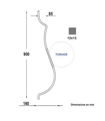 Balustre deux galbes 900mm carré 12x12mm torsadé pour escaliers et garde-corps