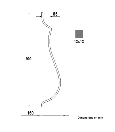 Balustre deux galbes 900mm carré de12x12mm lisse pour escaliers et garde-corps