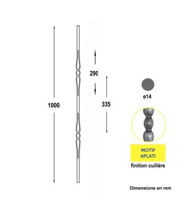 Barreaux acier forgé 1000mm rond ø14mm avec deux motifs estampés à chaud