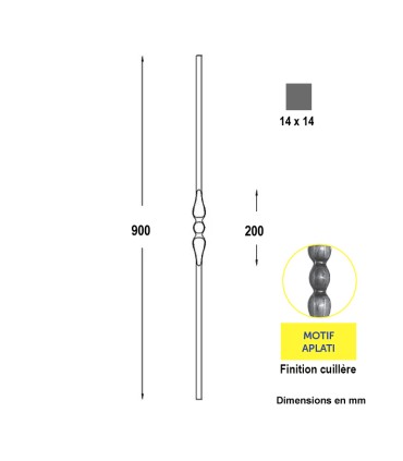 Barreau acier forgé 900mm carré de 14x14mm avec 1 motif central estampé