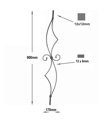 Balustre Art Déco 900mm carré de 12x12mm et platde 12x6mm forgé à chaud