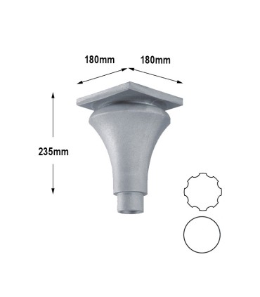 Base ou chapiteau 235mm pour tube ø80mm aluminium cannelé de poteau