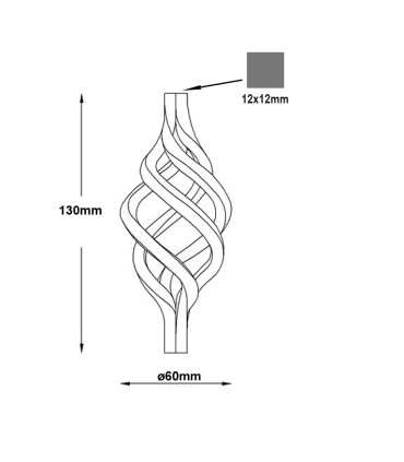 Pigne torsadée 130mm carré de 12x12mm décorative en fer forgé
