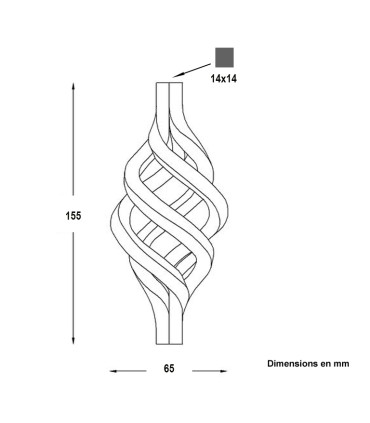 Pigne torsadée 200mm carré de 20x20mm décorative en fer forgé