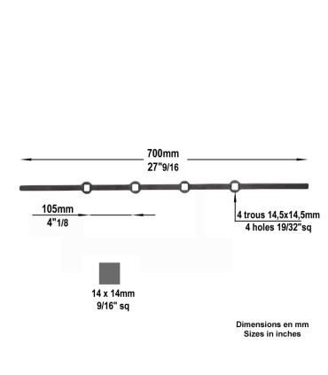 Barres 14x14mm 4 trous droits 14x14mm renflés longueur 70cm pour grilles de défense