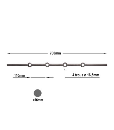 Barres ø16mm 4 trous ronds de ø16mm renflés longueur 70cm pour grilles de défense
