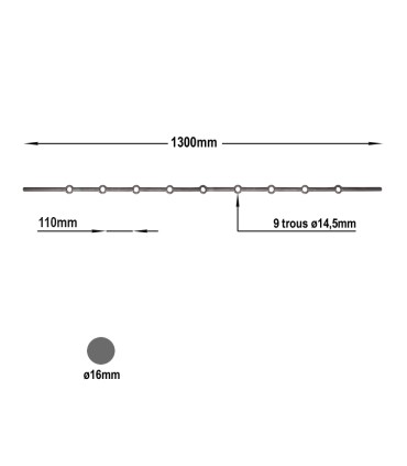 Barres ø16mm 9 trous ronds de ø16mm renflés longueur 130cm pour grilles de défense