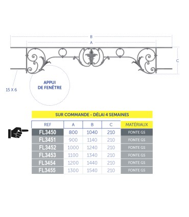 Appuis de fenêtres CHAMBORD 800 à 950mm fonte prête à poser