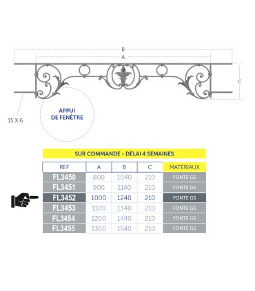 Appuis de fenêtres CHAMBORD 1000 à 1150mm fonte prêts à poser
