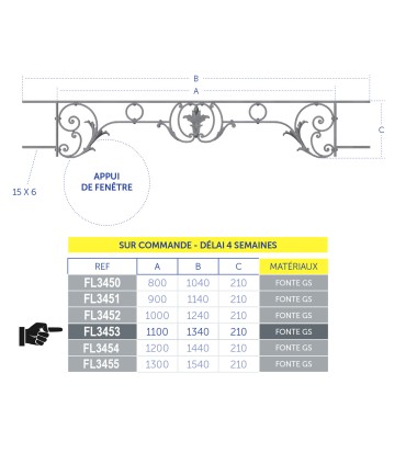 Appuis de fenêtres CHAMBORD 1100 à 1250mm fonte prêts à poser