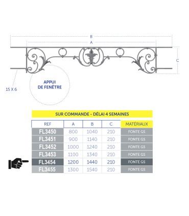 Appui de fenêtre CHAMBORD 1200 à 1350mm fonte prêts à poser