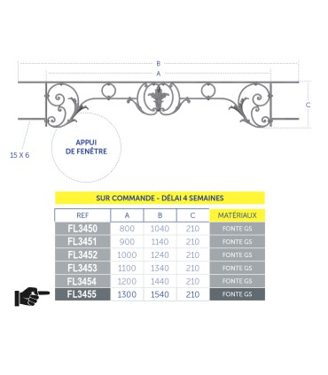 Appui de fenêtre CHAMBORD 1300 à 1450mm fonte prêts à poser