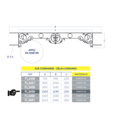Appuis de fenêtres CHINON 1000 à 1150mm fonte prêts à poser