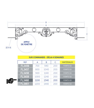 Appuis de fenêtres CHINON 1100 à 1250mm longueur utile fonte prêts à poser