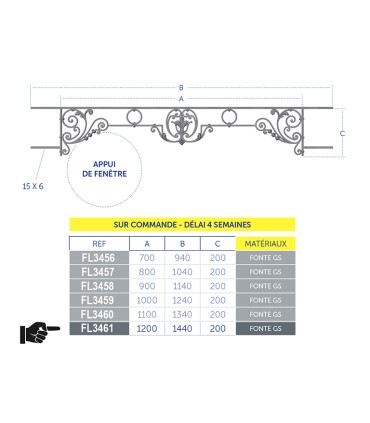 Appuis de fenêtres CHINON 1200 à 1350mm longueur utile fonte prêts à poser