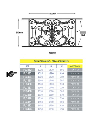 Garde-corps fonte AMBOISE 1100à1250x610mm appuis de fenetres prêts à poser